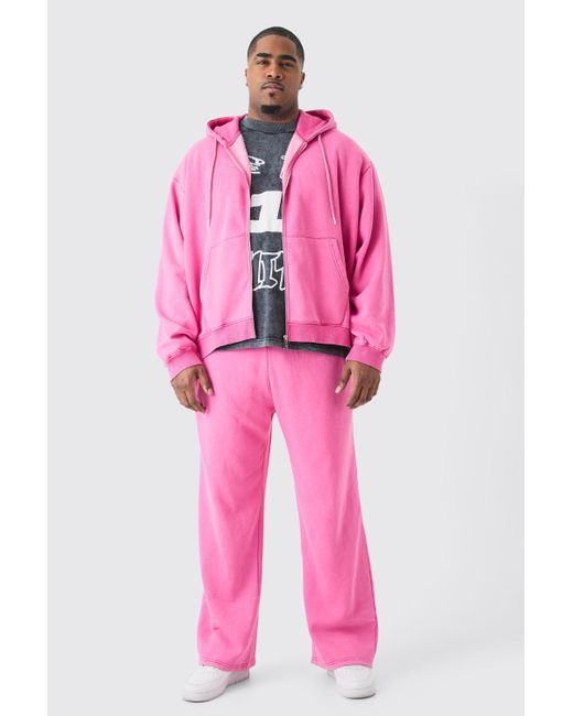 BoohooMAN Pink Plus Oversized Boxy Zip Hooded Acid Wash Tracksuit for men