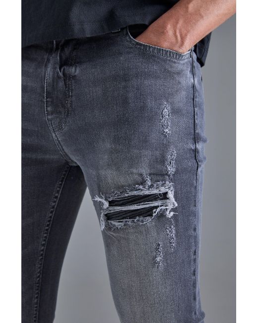 BoohooMAN Blue Skinny Stretch Black Pu Biker Rip & Repair Jeans for men