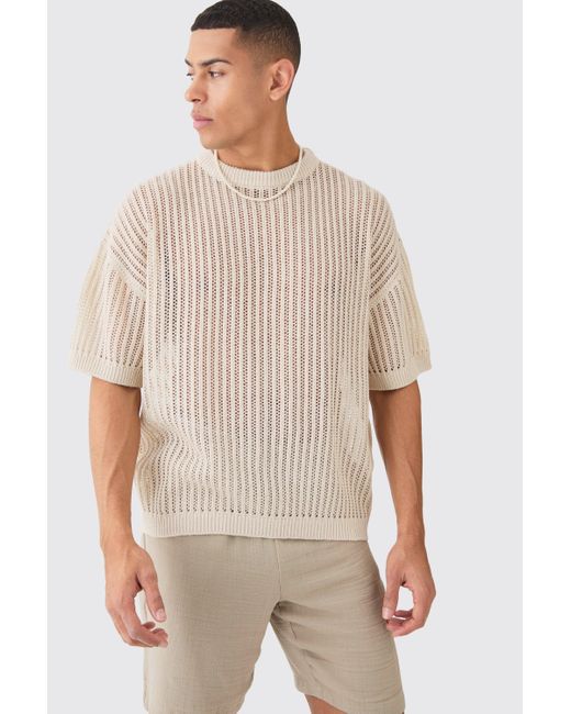 BoohooMAN Natural Oversized Drop Shoulder Open Stitch T-shirt In Stone for men