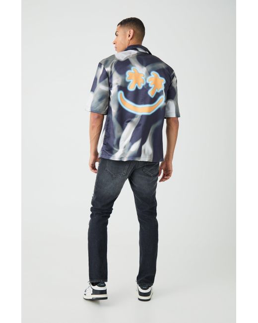 BoohooMAN Blue Drop Revere Short Sleeve Satin Graphic Shirt for men