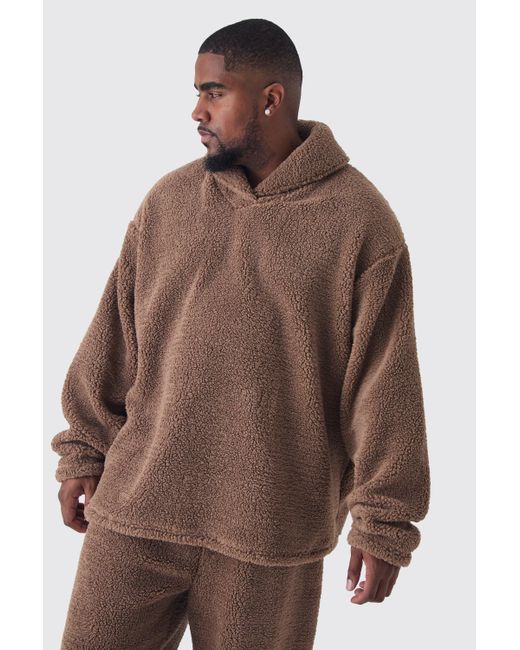 BoohooMAN Brown Plus Fluffy V Neck Sweatshirt & Jogger Lounge Set for men