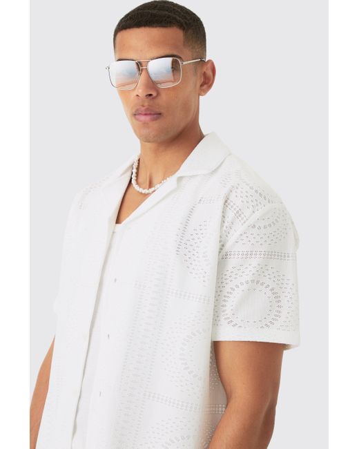 BoohooMAN White Oversized Revere Stretch Broderie Shirt & Short Set for men