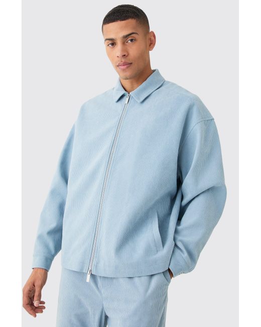 BoohooMAN Blue Corduroy Smart Harrington Jacket for men