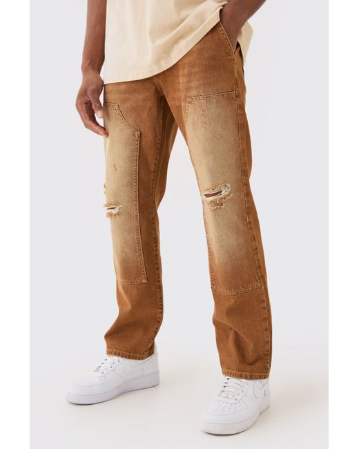BoohooMAN Relaxed Rigid Ripped Carpenter Denim Jean In Brown for men