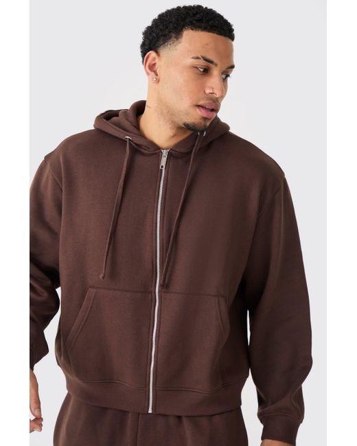 BoohooMAN Brown Oversized Boxy Zip Through Hoodie And Long Line Shorts Set for men