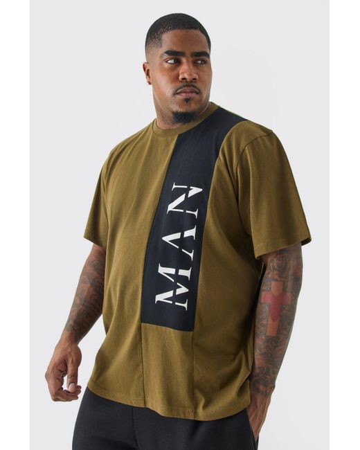 BoohooMAN Brown Plus Man Roman Colour Block T-shirt In Olive for men