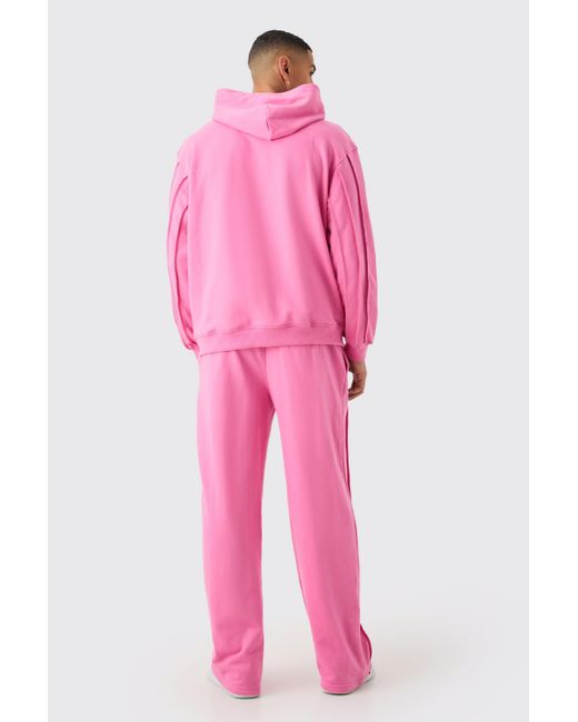 BoohooMAN Pink Oversized Raw Seam Sig Embroidered Hooded Tracksuit for men