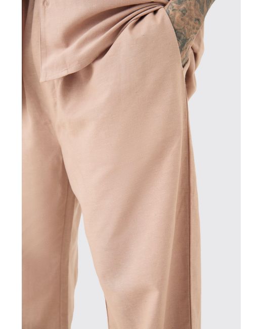 BoohooMAN Tall Elasticated Waist Relaxed Linen Trouser In Taupe in Natural für Herren