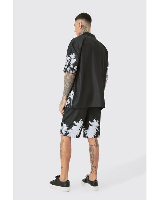 BoohooMAN Black Tall Soft Twill Palm Hem Oversized Boxy Shirt & Short Set for men