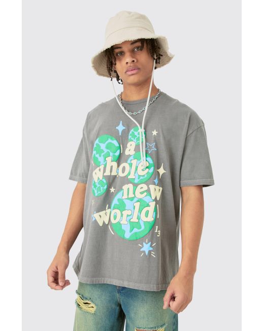 Boohoo Green Oversized Washed World Puff Print T-shirt
