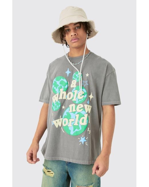 BoohooMAN Green Oversized Washed World Puff Print T-shirt for men
