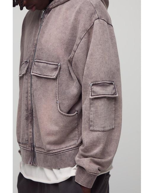 Coffee Oversized Boxy Carpenter Zip Through Hoodie Boohoo de color Gray
