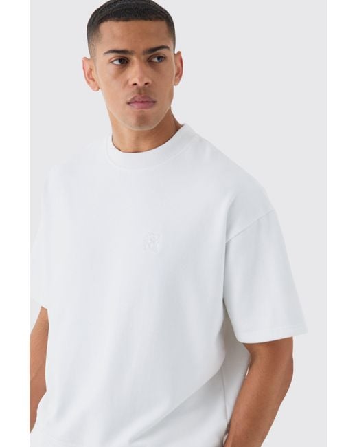 BoohooMAN White Oversized Boxy Loopback Embroidered Half Sleeve Sweatshirt for men