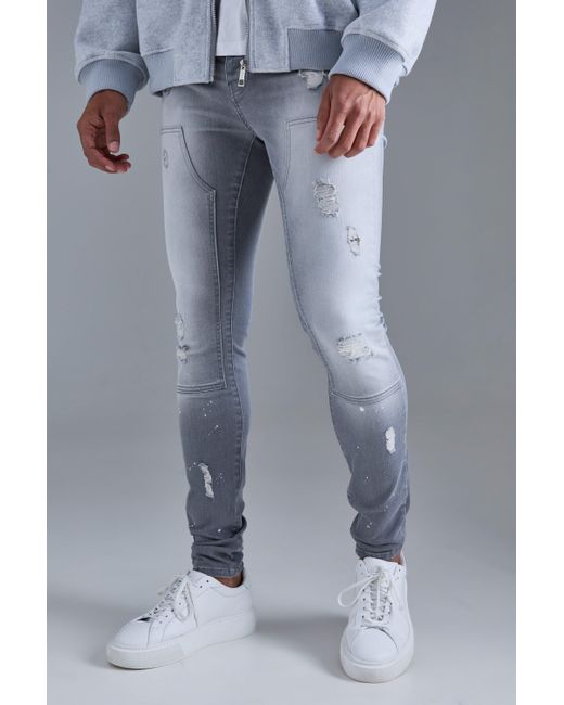 Boohoo Blue Skinny Stretch Stacked Ripped Carpenter Zip Hem Jeans In Grey