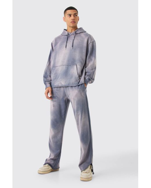 BoohooMAN Blue Embroidery Oversized Sun Bleached Wash Hooded Tracksuit for men