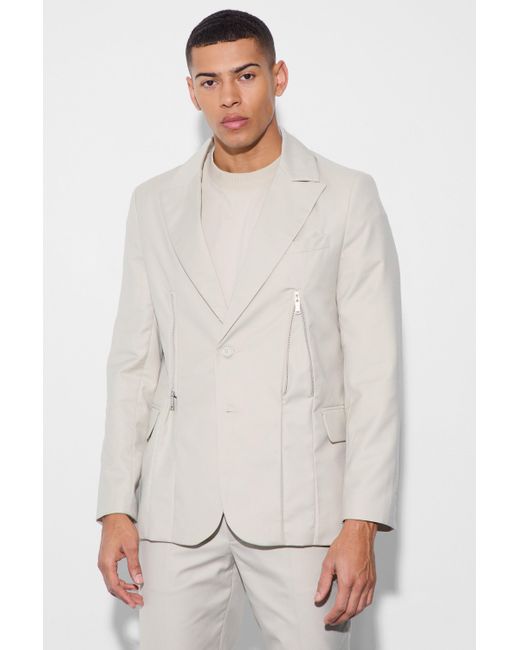 BoohooMAN White Skinny Fit Zip Hem Suit Jacket for men