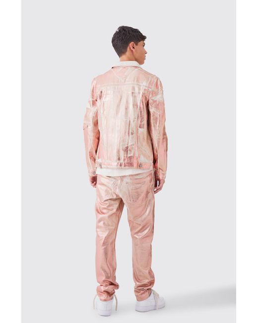 BoohooMAN Slim-Fit Jeans mit Metallic-Print in Pink für Herren