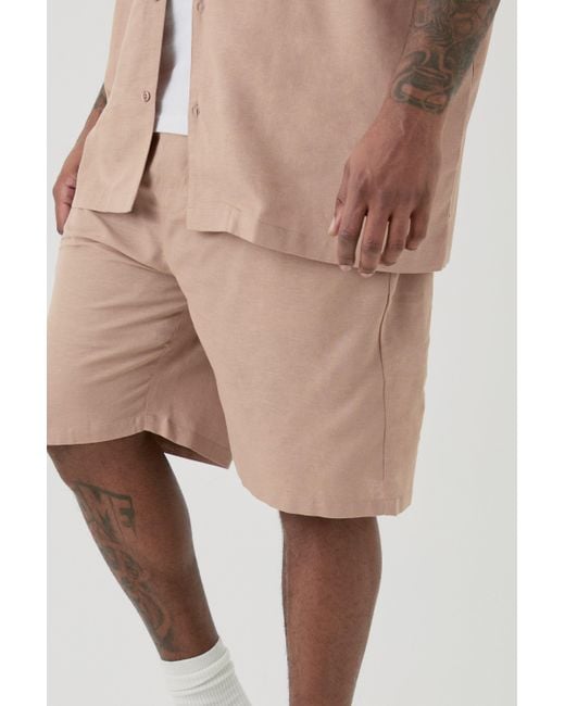 BoohooMAN Natural Plus Elasticated Waist Linen Comfort Shorts In Taupe for men