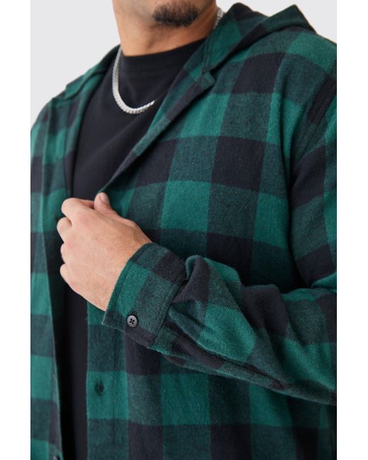 BoohooMAN Green Long Sleeve Oversized Hooded Button Through Check Shirt for men