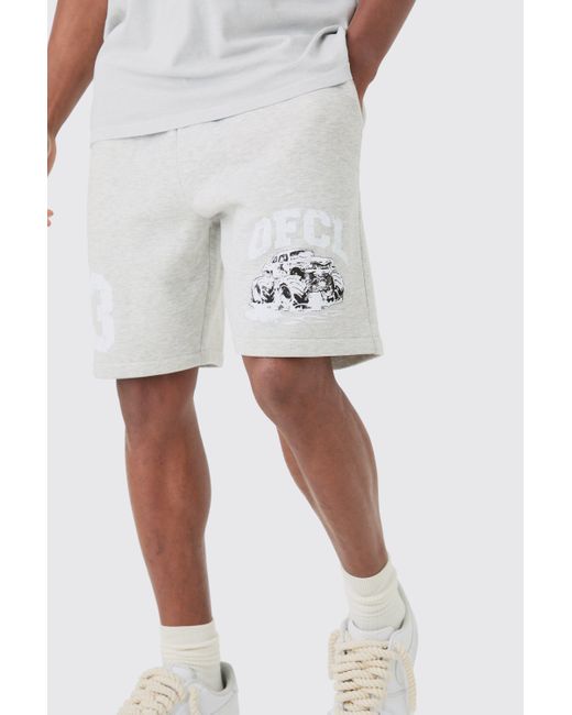 BoohooMAN White Relaxed Mid Length Ofcl Racing Marl Shorts for men
