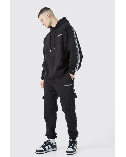 BoohooMAN Black Tall Official Man Tape Cargo Hooded Tracksuit for men