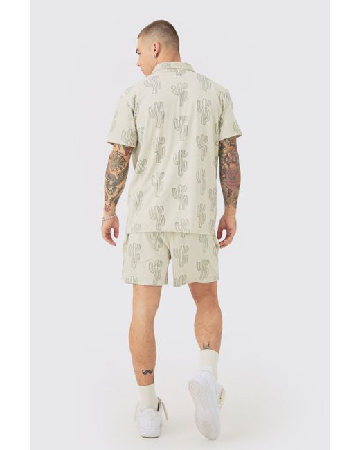 BoohooMAN Towelling Cactus Shirt & Short Set in Natural für Herren