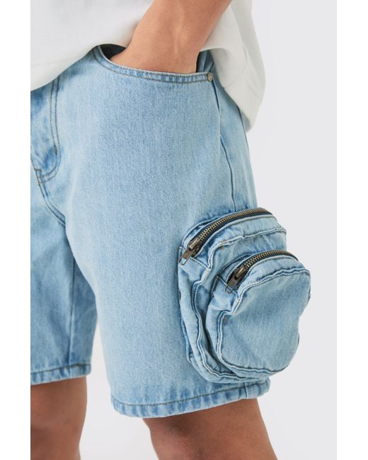 BoohooMAN Slim Fit 3d Cargo Pocket Denim Shorts In Light Blue for men