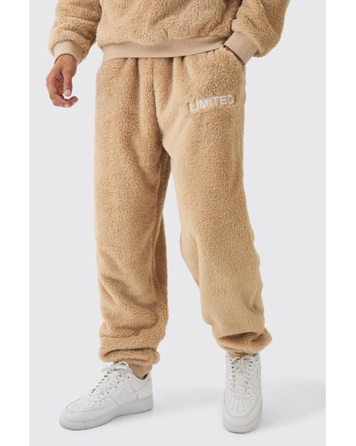 BoohooMAN Natural Oversized Teddy Borg Cuffed Joggers for men