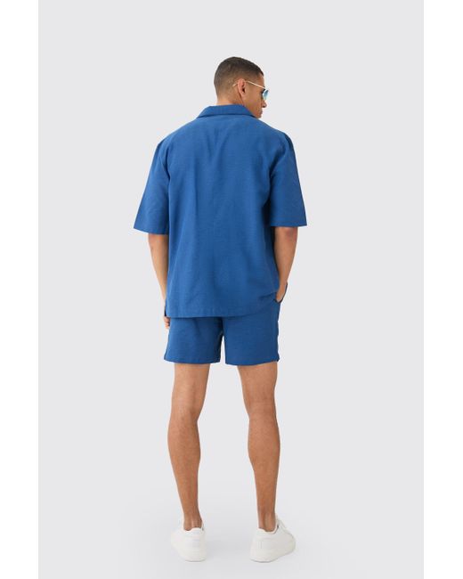 BoohooMAN Linen Pocket Detail Shirt & Short Set in Blue für Herren