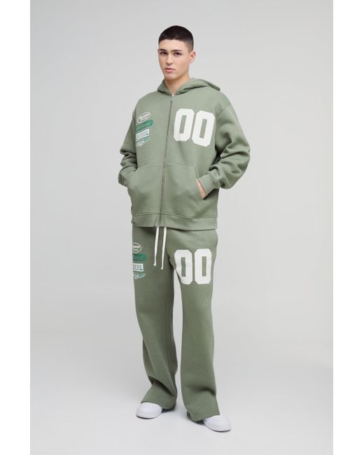 BoohooMAN Green 330Gsm Oversized Official Varsity Hooded Split Hem Zip Tracksuit for men