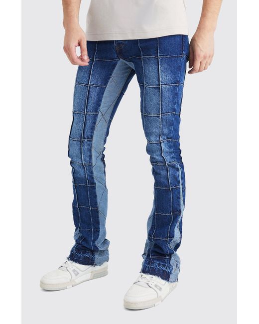 BoohooMAN Blue Tall Slim Rigid Flare Panelled Gusset Jean for men