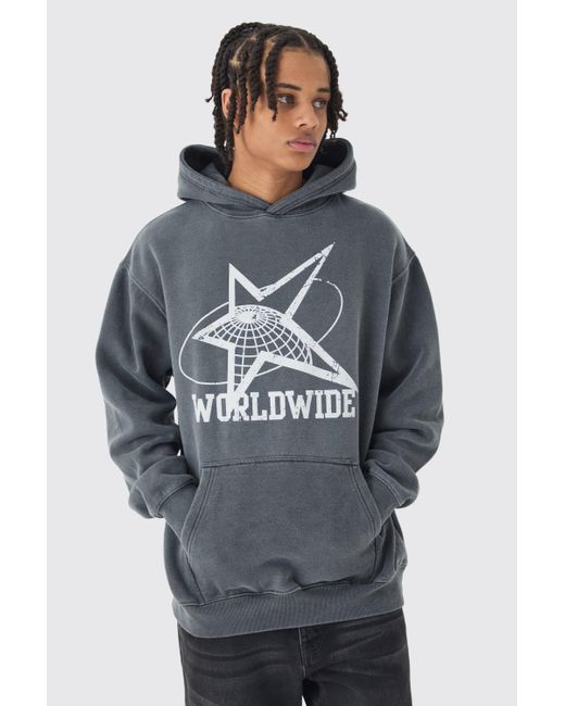Sudadera Oversize Con Capucha Y Estampado Worldwide Destenido Boohoo de color Gris Lyst