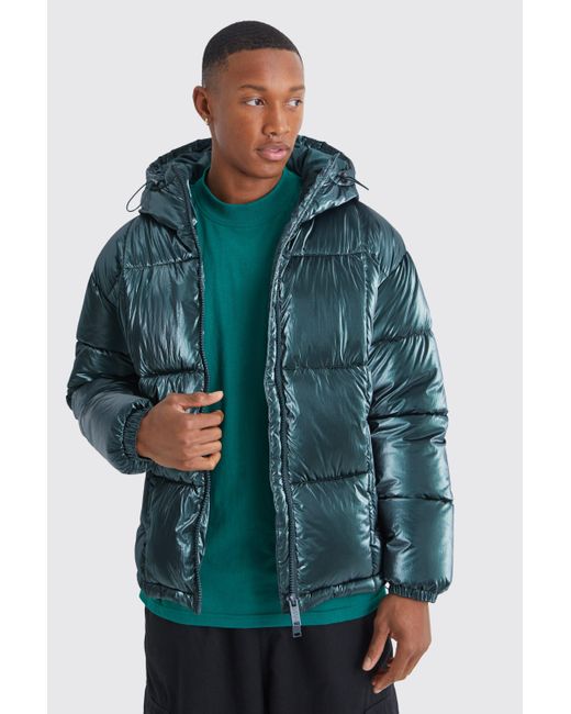 BoohooMAN Green Metallic Square Quilted Puffer for men