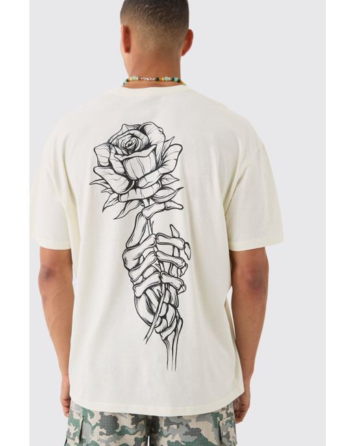 Boohoo White Oversized Washed Rose Line Drawn Back Print T-shirt
