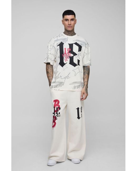 BoohooMAN Men's Blue Tall Graffiti Oversized T-shirt Wide Leg