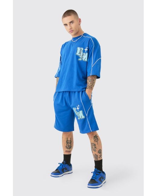 BoohooMAN Oversized Boxy Half Sleeve Ptint T-shirt & Short Set in Blue für Herren