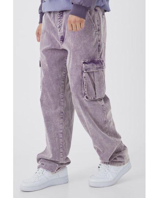 BoohooMAN Purple Tall Relaxed Acid Wash Cord Cargo Trouser for men