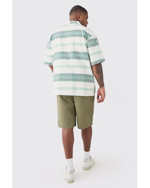 BoohooMAN Green Plus Short Sleeve Drop Revere Textured Flannel Shirt In Stone for men