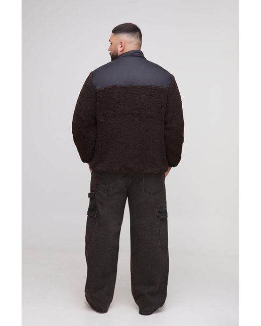 BoohooMAN Black Plus Regular Fit Borg Zip Through Nylon Panel Funnel Neck Jacket for men