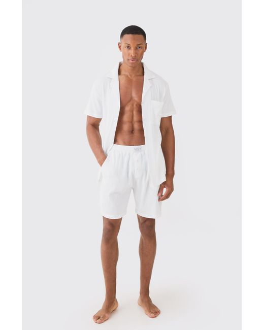 BoohooMAN Waffle Lounge Shirt & Short Set In White for men