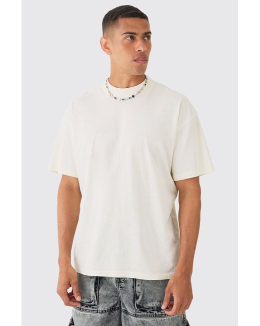 BoohooMAN White Oversized Boxy Extended Necl Bhm Flame T-shirt for men