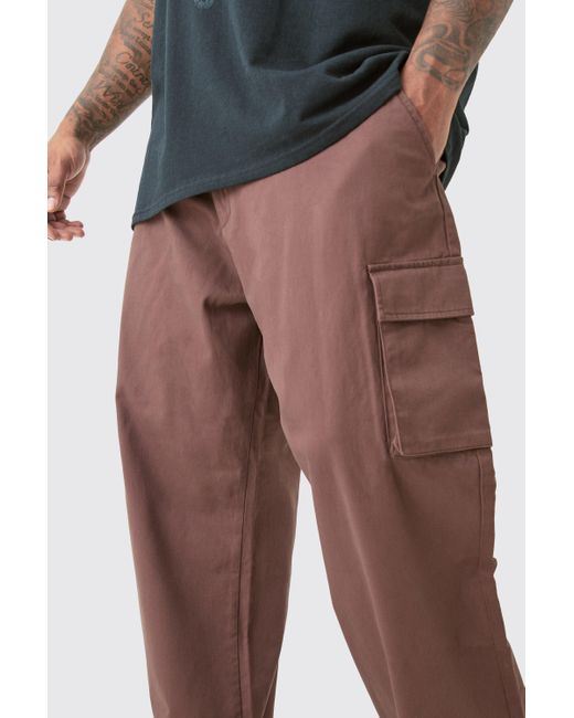 BoohooMAN Brown Plus Fixed Waist Twill Relaxed Fit Cargo Pants for men