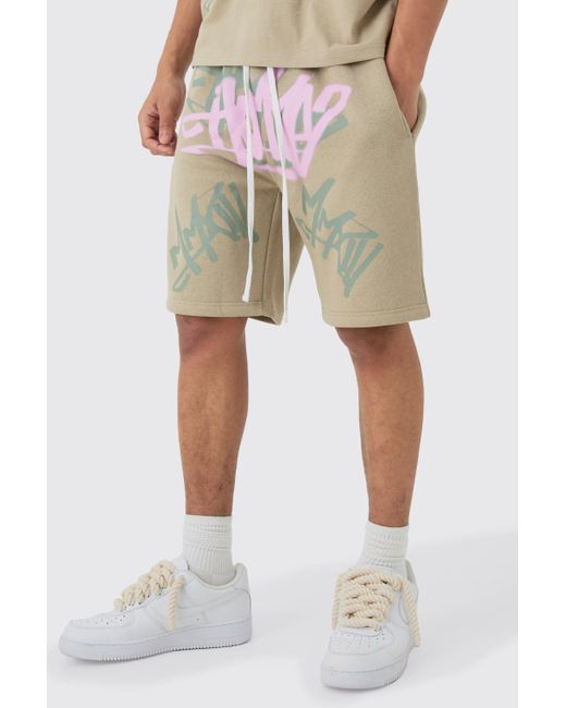 BoohooMAN Natural Loose Fit Graffiti Printed Jersey Shorts for men