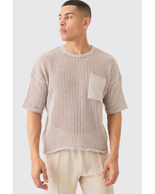 BoohooMAN Natural Oversized Open Stitch T-shirt With Pocket In Stone for men
