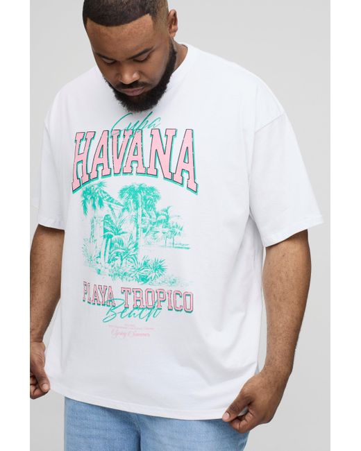 BoohooMAN White Plus Oversized Havana Palm Print T-Shirt for men