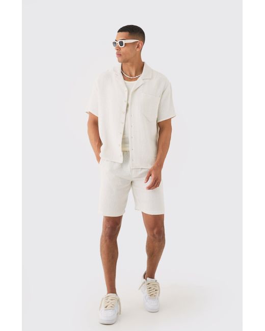 BoohooMAN White Boxy Short Sleeve Open Weave Shirt & Short Set for men