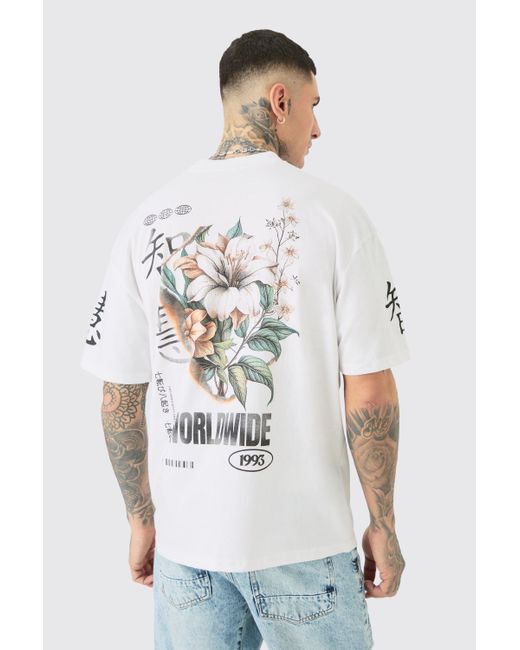 BoohooMAN Tall Floral Sleeve Print T-shirt In White for men