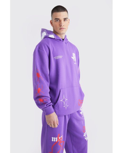BoohooMAN Tall bestickter Oversize Trainingsanzug mit Kapuze in Purple für Herren