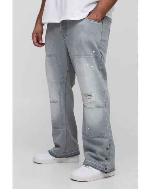 BoohooMAN Gray Plus Slim Flared Ripped Carpenter Split Hem Jeans for men