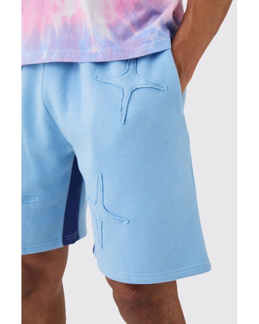 Relaxed Blue Raw Applique Shorts Boohoo